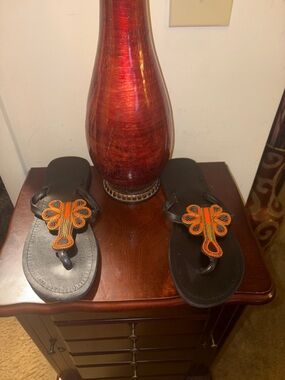 African Black Beaded T-Strap Sandals with Orange Accent